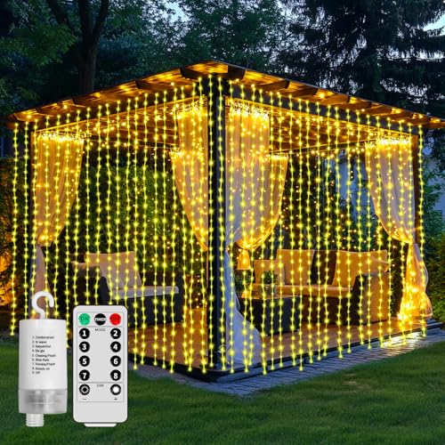 Curtain Lights Battery Operated 10 * 10Ft 300LED Waterfall Light with 8 Modes Remote Dimmable Timer Memory Waterproof Twinkle Fairy String Lights for Indoor Outdoor Backdrop Bedroom Pergola Christmas - color: Warm white 300LED