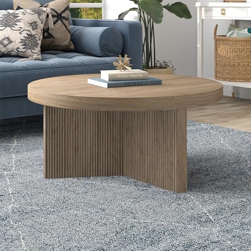 Henn&Hart 32" Scandinavian Fluted Coffee Table, Weathered Gray | Ribbed pedestal base and low profile bring Scandinavian style to small spaces including living rooms or family rooms - color: Weathered Gray, size: 32 inches