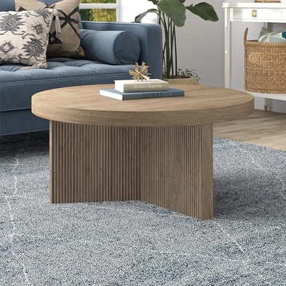Henn&Hart 32" Scandinavian Fluted Coffee Table, Weathered Gray | Ribbed pedestal base and low profile bring Scandinavian style to small spaces including living rooms or family rooms - color: Weathered Gray, size: 32 inches