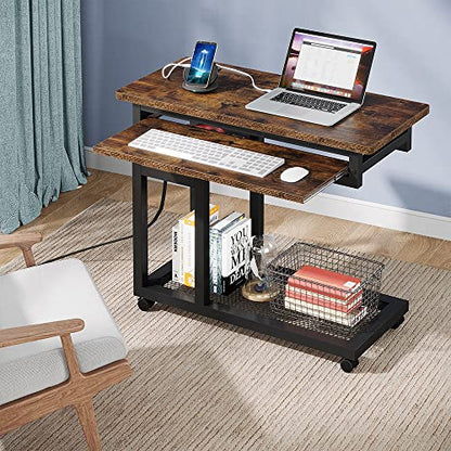 Tribesigns Small Portable Desk with Power Outlet, Height Adjustable Sofa Couch Bedside Laptop Table with Wheels, Mobile Standing Desk Rolling Computer Cart C Side Table with USB Ports - color: Brown