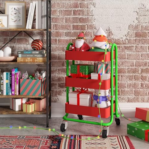 Metal Rolling Cart,3-Tier Metal Rolling Cart with Wheels,3 Tier Utility Cart with Wheels for Office,Home,Kitchen,Garden（13.4"x18.1"x31"） Red+Green - color: Red+green, size: 31"H