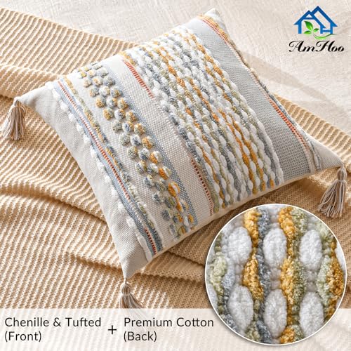 Set of 2 Chenille Striped Textured Boho Throw Pillow Covers Aesthetic with Tassels Woven Decorative Pillow Case for Couch Bed Sofa Bedroom Modern Funky 18 x 18-Inch Grey - color: Grey, size: 18" x 18" (Pack of 2)