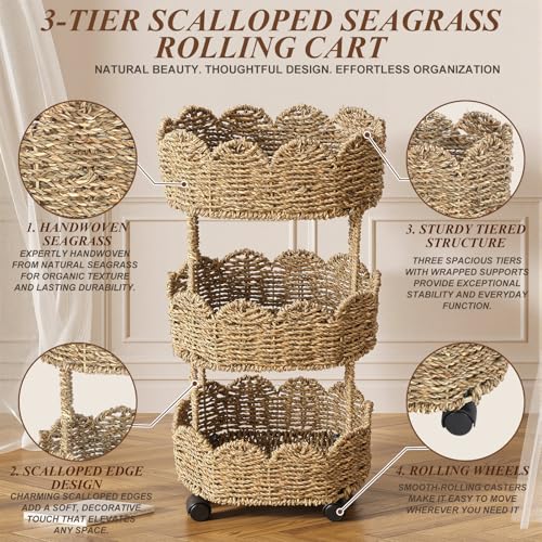 AceOrbit 3-Tier Scalloped Seagrass Rolling Cart Oval Seagrass Scalloped Storage Basket with Wheels for Nursery Caddy Utility Cart Storage Organization for Craft Bathroom Laundry Living Room