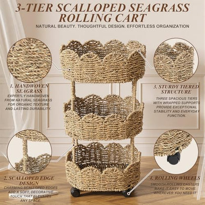AceOrbit 3-Tier Scalloped Seagrass Rolling Cart Oval Seagrass Scalloped Storage Basket with Wheels for Nursery Caddy Utility Cart Storage Organization for Craft Bathroom Laundry Living Room