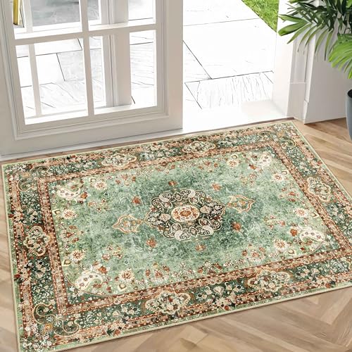 Small Rugs 2x3 Boho,Green Rug for Entryway Bathroom Bedroom | Vintage Bohemian Distressed Washable Oriental Accent Floor Throw Carpet for Kitchen Entrance Doormat Non Slip - color: Green, size: 2'x3'