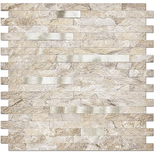 DICOFUN 10-Sheet Peel and Stick Backsplash Wall Tile, PVC Kitchen Backsplash Peel and Stick in Sandstone, 9.4 sq.ft - color: Sandstone and Metal Gold, size: 10 Sheets, 12’’x12’’x0.12’’