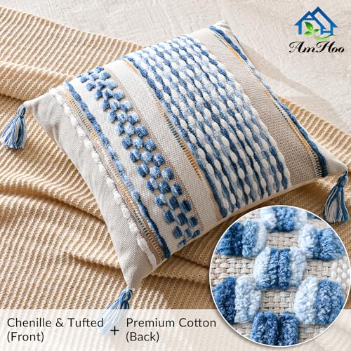 Set of 2 Chenille Striped Textured Boho Throw Pillow Covers Aesthetic with Tassels Woven Decorative Pillow Case for Couch Bed Sofa Bedroom Modern Funky 18 x 18-Inch Sky Blue - color: Sky Blue, size: 18" x 18" (Pack of 2)