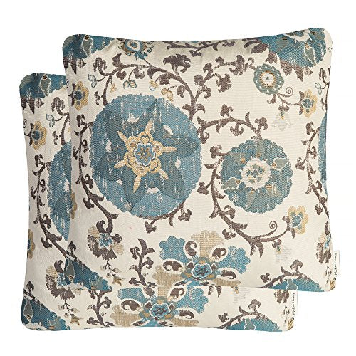 Pack of 2 Jacquard Circle Floral Pillow Case, Cream Blue | Decorative Pillow Cover, For 22X22 Inserts - color: 22x22 Blue