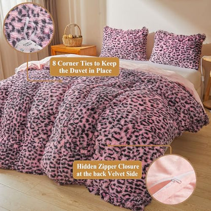 XeGe Cheetah Print Fluffy Faux Fur Duvet Cover Set, Twin, Black and Pink | 2 Pieces Soft Plush Shaggy Fuzzy Bedding Set(1 Faux Fur Leopard Print Comforter Cover + 1 Furry Pillowcase), Zipper Closure - color: Cheetah Print Black and Pink, size: Twin