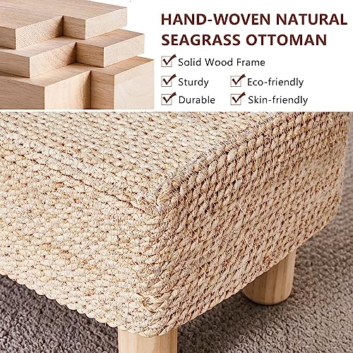 Wimarsbon Natural Seagrass Footstool Ottoman Rectangular Footrest Pouf Ottomans with Wooden Legs Hand Weave Step Stool for Living Room Bedroom Entryway Natural White - color: Natural White, size: 12"D x 16.5"W x 9.5"H