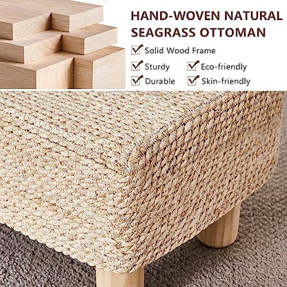 Wimarsbon Natural Seagrass Footstool Ottoman Rectangular Footrest Pouf Ottomans with Wooden Legs Hand Weave Step Stool for Living Room Bedroom Entryway Natural White - color: Natural White, size: 12"D x 16.5"W x 9.5"H