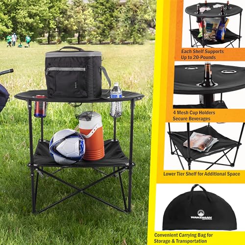 Camping Table - 2-Tier Folding Table with 4 Cupholders and Carry Bag for Picnic, Tailgate, Beach, or Camp - Camping Gear by Wakeman Outdoors (Black) - color: Black