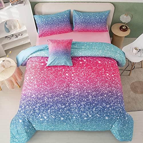 6Pcs Pink Full Size Comforter Sets for Girls Colorful Rainbow Glitter Kids Bedding Set Sparkly Pastel Ombre Teen Girl Bed in A Bag Comforter Set with Sheets (Pink Blue, Full) - color: Light and Dark Blue Pink, size: Full
