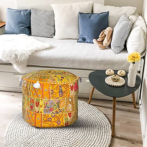 Indian Pouf Footstool, Ethnic Embroidered Pouf Cover - Cotton Round Ottoman - Yellow, 18x13 - color: Yellow, size: 13"D x 13"W x 18"H