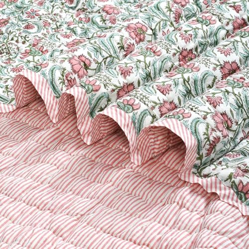 Block Print Reversible Cozy Quilt Tulip Pink Twin 60" X 90" Lightweight Blanket for Sofa, Couch, Bed Soft Breathable Comforter Handmade Bedspread Duvet for Farmhouse, Home, Winter - color: Tulip Pink, size: Twin 60" X 90"