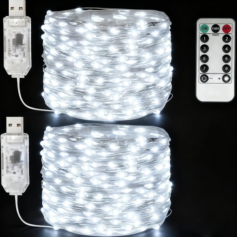 USB Fairy Lights Plug in, 33 Feet 100 LED Twinkle String Lights with Remote and Timer, Waterproof 8 Modes for Bedroom Indoor Wreath DIY Party Wedding Christmas Holiday Decoration(2 Pack White) - size: 2PACK-USB-33FT/100LED-White