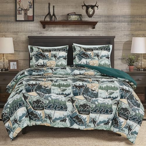 Chezmoi Collection Bishop 2-Piece North Lake Motif Comforter Set - Multicolor Blue Green Brown Black Printed Washed Cabin Lodge Microfiber Bedding, Twin - color: Multi North Lake, size: Twin