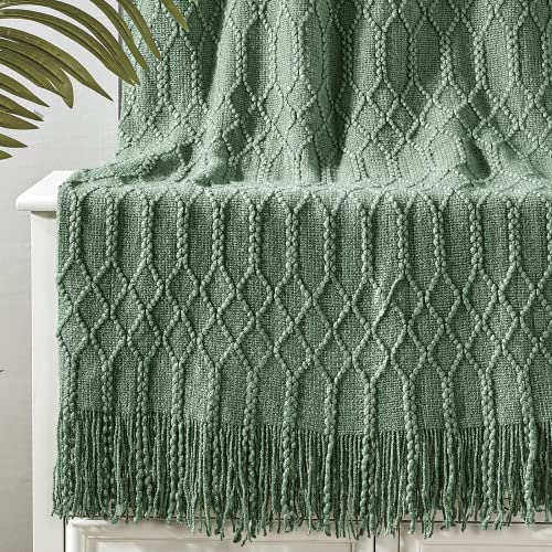 KASYLAN Acrylic Knitted Throw Blanket for Sofa Bed 50x60 Inch Green | Ultra soft acrylic knit, lightweight warm, multi-scene for sofa couch bed, machine washable, breathable textured throw - color: Rhombu-green