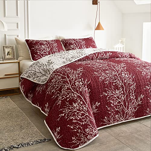 3 Pieces Christmas Quilt Set Burgundy Red Branch Queen Size 88x88 Soft Microfiber Lightweight Coverlet Bedspread New Year Holiday Bedding Set Bed Cover for All Season (1 Quilt+ 2 Shams) - color: Red Branch, size: Queen(88x88)