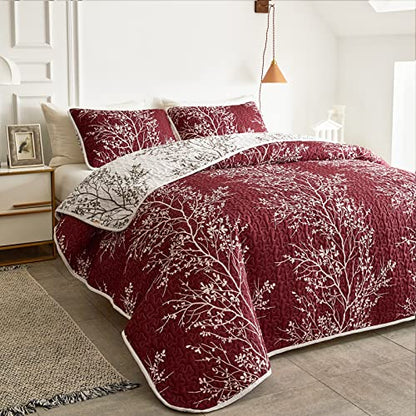 3 Pieces Christmas Quilt Set Burgundy Red Branch Queen Size 88x88 Soft Microfiber Lightweight Coverlet Bedspread New Year Holiday Bedding Set Bed Cover for All Season (1 Quilt+ 2 Shams) - color: Red Branch, size: Queen(88x88)