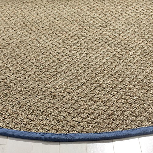 SAFAVIEH Area Rug 4' Round - Natural Fiber Collection - Natural & Navy, Seagrass, Basketweave Pattern with Border (NF114T) - color: Natural/Light Navy, size: 4' (Round)