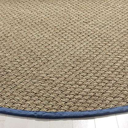 SAFAVIEH Area Rug 4' Round - Natural Fiber Collection - Natural & Navy, Seagrass, Basketweave Pattern with Border (NF114T) - color: Natural/Light Navy, size: 4' (Round)