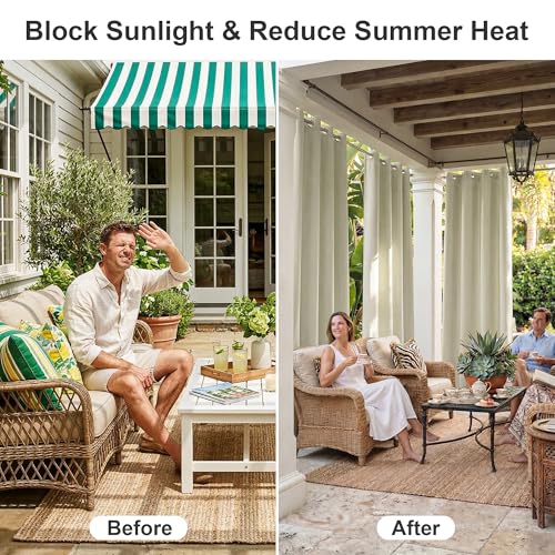 RYB HOME 2 Panels Outdoor Curtains Windproof, Heavy Duty Weighted Waterproof Drapes Block Sun & Heat 100% Privacy Drapes for Patio Area Pergola Porch Deck, Beige, W52 x L96 inches | Waterproof Drapes, Block Sun & Heat, 100% Privacy Drapes for Area Pergola