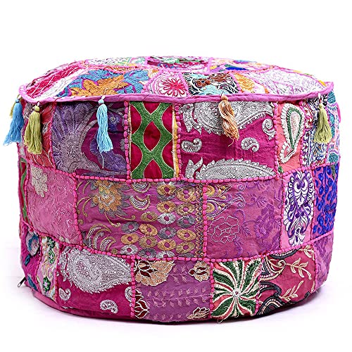 Indian Pouf Footstool Ethnic Embroidered Pouf, Indian Cotton Round Pouffe Ottoman - Cover Only (Pink, 18x13) - color: Pink, size: 13"D x 13"W x 18"H
