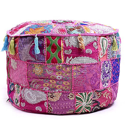 Indian Pouf Footstool Ethnic Embroidered Pouf, Indian Cotton Round Pouffe Ottoman - Cover Only (Pink, 18x13) - color: Pink, size: 13"D x 13"W x 18"H