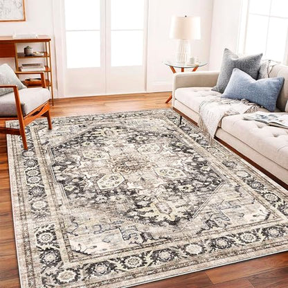 CHAMPLANT Washable Area Rug 10'x14' Black-Purple Khaki Retro Flowers Boho Design Non-Shedding Easy Care Ideal for High Traffic Areas in Living Room Bedroom Office Coffee Table Kitchen Large Carpet - color: Black-purple Khaki, size: 10' x 14' (Rectangular)