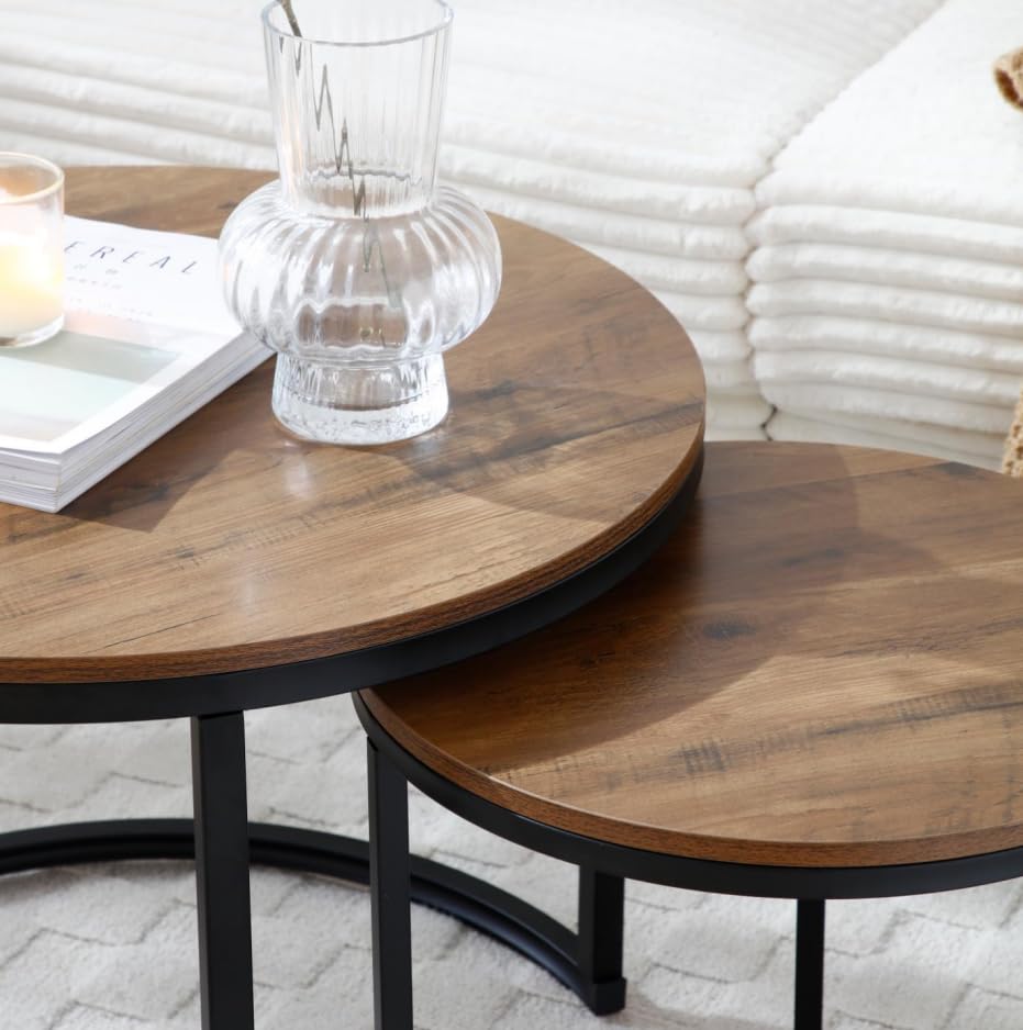 39.3'' Round Nesting Coffee Table Set of 2 for Living Room, Modern Wood Nesting Side End Table with Metal Base, Easy Assembly, Walnut - color: S5-39.3in-walnut