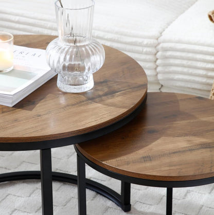 39.3'' Round Nesting Coffee Table Set of 2 for Living Room, Modern Wood Nesting Side End Table with Metal Base, Easy Assembly, Walnut - color: S5-39.3in-walnut