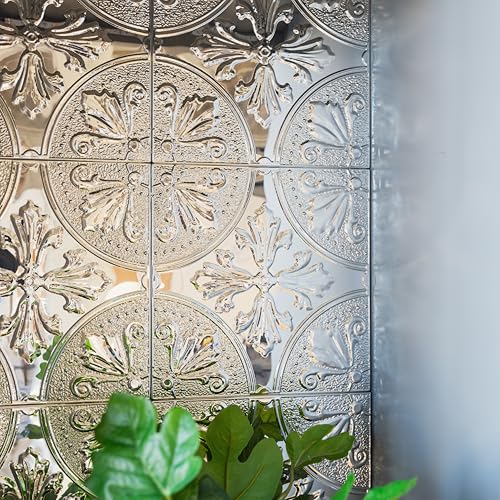 Peel and Stick Metal Backsplash Tiles, Silver Fleur, 10-Pack | 8 x 8 in tile size; Covers up to 4.44 sq ft; Aluminum; Water-resistant surface; For kitchens, ceilings, DIY projects - style: Silver Fleur