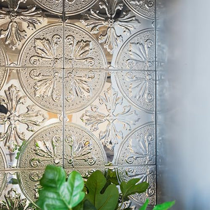 Peel and Stick Metal Backsplash Tiles, Silver Fleur, 10-Pack | 8 x 8 in tile size; Covers up to 4.44 sq ft; Aluminum; Water-resistant surface; For kitchens, ceilings, DIY projects - style: Silver Fleur