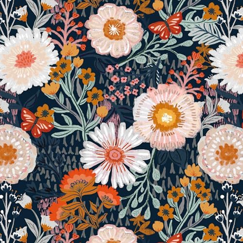 Boho Wallpaper Peel and Stick Wallpaper Floral Retro Contact Paper 17.3''x385'' Dark Blue Vintage Bohemian Removable Wall Paper Renter Friendly Waterproof Wall Mural for Bedroom Bathroom Vinyl - color: Navy Blue&Pink Floral, size: 17.3" x 385"