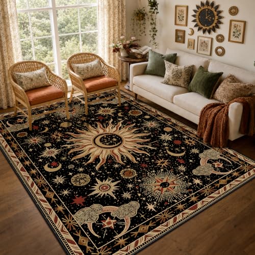 Vacuum-Friendly, 6x9 Washable Area Rug, Black Gold Beige Red | Sun and Moon Boho Gothic Non-Slip Low Pile Living Roon Bedroom Dining Room Kitchen Entry Entryway Entrance Hallway Doormat - color: Black/Gold/Beige/Red, size: 6' x 9' (Rectangular)