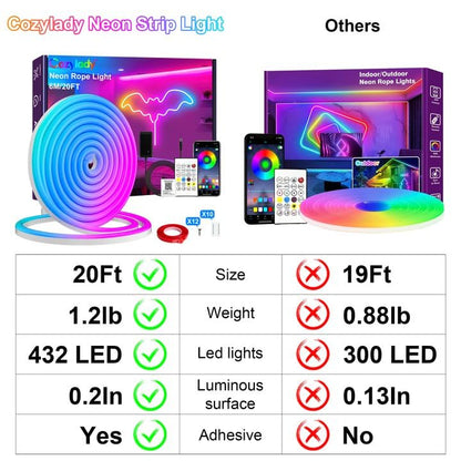 Cozylady 6M RGB Neon Light LED Rope Light,20ft Waterproof Bluetooth APP Remote Control Music Sync Strip Light,24V Flexible DIY Silicone Light for Bedroom Home Indoor Outdoor Decoration (6M/20Ft) - size: 20 ft