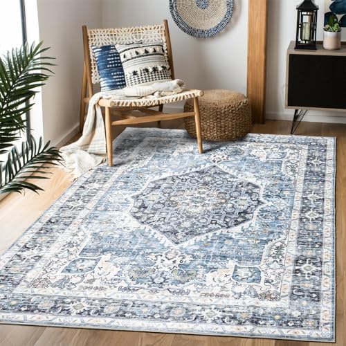 Area Rug 5×7, Vintage Boho Rug,Ultra-Soft Low Pile, Washable, Non Slip,Stain Resistant Printed Carpet for Living Room Bedrooms Playroom Office Kitchen, Light Blue - color: Light Blue, size: 5' x 7' (Rectangular)