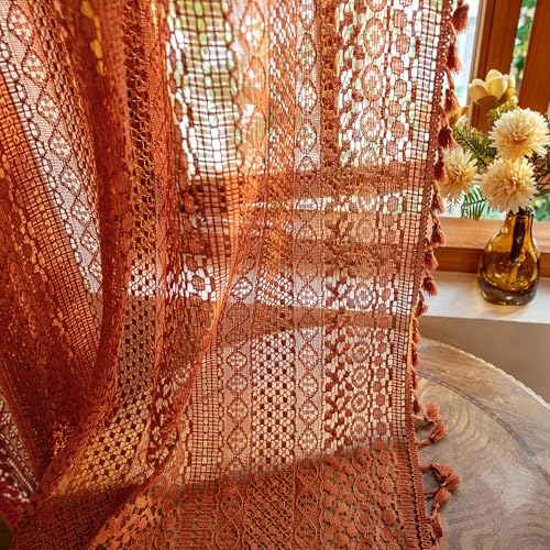 WAZZIO Burnt Orange Curtains Sheer 45 Inch Length Bedroom Short Small Cafe Rod Pocket Vintage Fall Privacy Let Light in Cotton Lace Boho 2 Panel, Terracotta - color: Burnt Orange, size: 59"W x 45"L (Pack of 2)