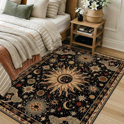 Vacuum-Friendly, 3x5 Washable Area Rug, Black Gold Beige Red | Sun and Moon Boho Gothic Non-Slip Low Pile Living Roon Bedroom Dining Room Kitchen Entry Entryway Entrance Hallway Doormat - color: Black/Gold/Beige/Red, size: 3' x 5' (Rectangular)