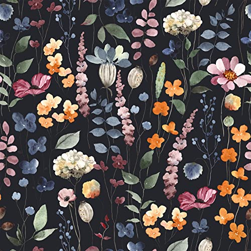 VEELIKE Dark Floral Peel and Stick Wallpaper - Vintage Pressed Leaves Floral Wallpaper Roll 17.7''x354'' Self Adhesive Decorative Contact Paper Removable for Bedroom Bathroom Walls - color: Dark Background, size: 17.7" x 354"