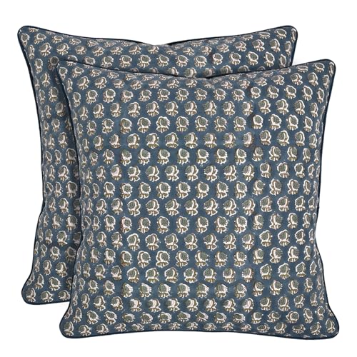 Block Print Peacock Blue Pillow Cover 16" x 16" (Pack of 2) Decorative Couch Pillows for Living Room, Farmhouse Chic Boho Cute Outdoor Pillows Covers Gifts for Spring, Mother's Day - color: Peacock Blue, size: 16" x 16" (Pack of 2)