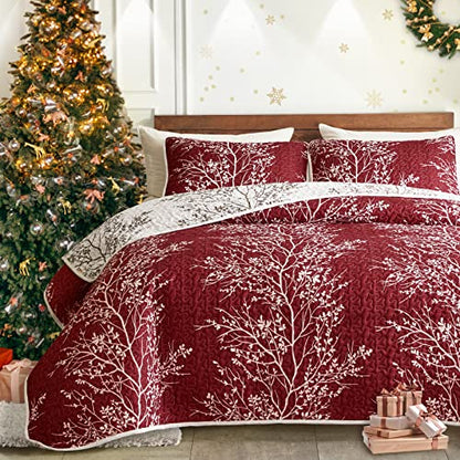 3 Pieces Christmas Quilt Set Burgundy Red Branch Queen Size 88x88 Soft Microfiber Lightweight Coverlet Bedspread New Year Holiday Bedding Set Bed Cover for All Season (1 Quilt+ 2 Shams) - color: Red Branch, size: Queen(88x88)