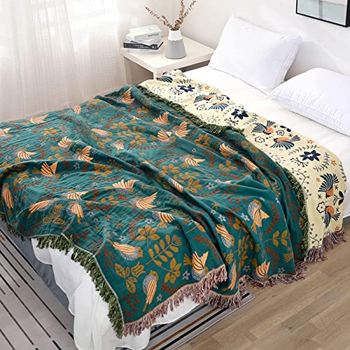 Bird Pattern Boho Throw Blanket for Bed Decor 80"×90" Teal/Cream | 4-Layer Gauze Breathable Reversible Muslin Blanket,Soft Lightweight All Season Quilt with Fringe,Multi-purpose Blanket - color: Animal Spring Bird, size: 80"x90"