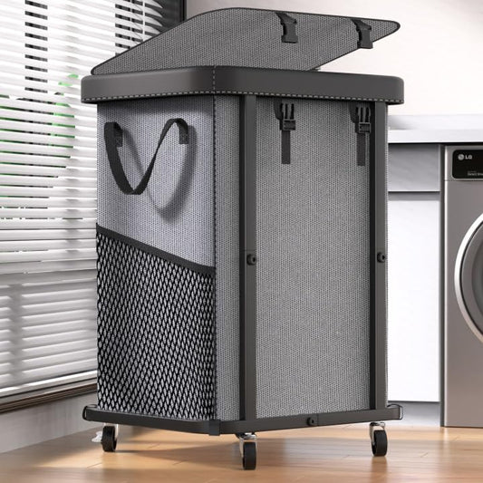 Laundry Basket with Wheels,150L (40 Gal) Rolling Hamper Carts - Gary | Leather Patchwork Laundry Hamper,Sturdy Metal Frame, Removable Washable Bag, Tall Clothes Sorter for Bedroom, Laundry Room - color: Gray, size: 1 Section-150L