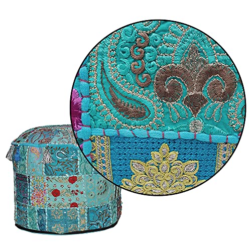 Indian Pouf Footstool Ethnic Embroidered Pouf Cover, Indian Cotton Round Pouffe Ottoman - Cover Only (Turquoise, 22x14) - color: Turquoise, size: 13"D x 13"W x 18"H
