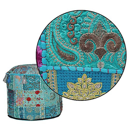 Indian Pouf Footstool Ethnic Embroidered Pouf Cover, Indian Cotton Round Pouffe Ottoman - Cover Only (Turquoise, 22x14) - color: Turquoise, size: 13"D x 13"W x 18"H