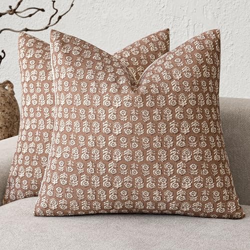 Foindtower Set of 2 Decorative Vintage Floral Print Throw Pillow Covers Neutral Farmhouse Cushion Covers Boho Home Decor for Sofa Couch Chair Bedroom Living Room,20×20 Inch,Light Orange Brown - color: Almond, size: 20" x 20" (Pack of 2)