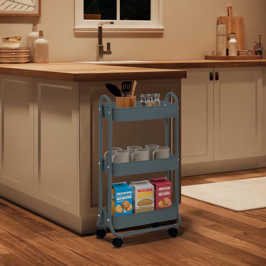 SunnyPoint Slim Rolling Storage Cart, 3 Tier Bathroom Storage Organizer Bathroom, Laundry Utility Cart (Blue) - color: Blue