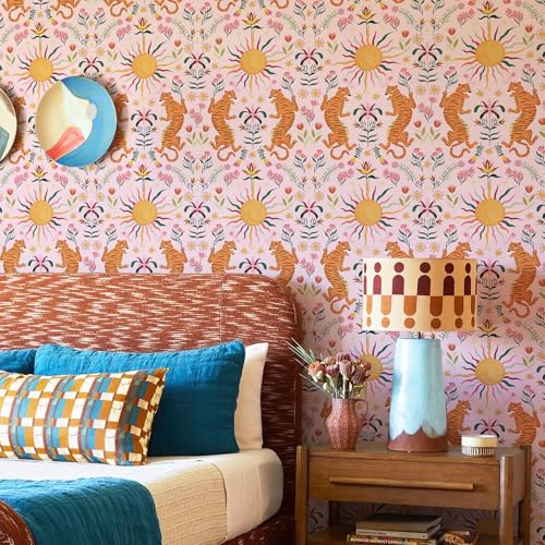 Pink Tiger Peel and Stick Wallpaper - Tropical Tiger Boho Removable Self Adhesive Jungle Animal Wall Paper for Bedroom, Living Room, Nursery Waterproof DIY Wall Decor (17.3" x 240") | Waterproof Removable Self Adhesive Wallpaper, Boho Jungle Animal Contac